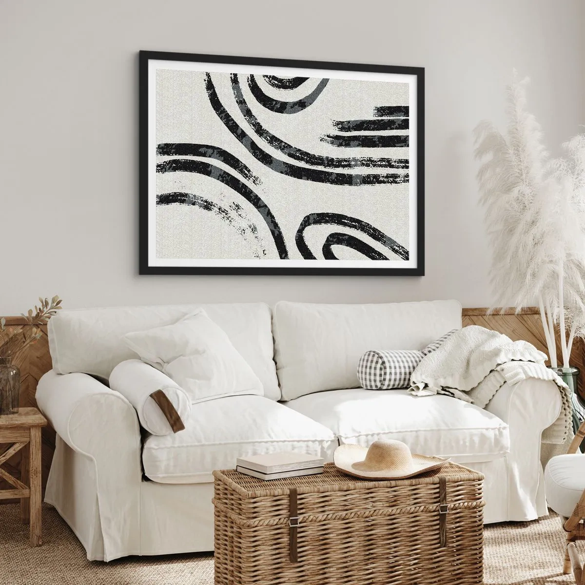 Affiche dans un cadre noir - Poster - Lignes abstraites noires et blanches sur fond clair - 70x50cm - À moitié arrêté - Décoration murale moderne pour le salon et la chambre ARTTOR