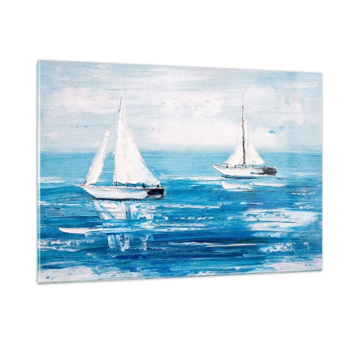 Impression sur verre - Image sur verre - Deux voiliers blancs sur une mer bleue calme - 120x80cm - Avec un ami à mes côtés - Décoration murale moderne pour le salon et la chambre ARTTOR