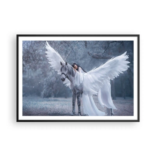 Affiche dans un cadre noir - Poster - Une femme sur un cheval blanc avec des ailes dans une forêt magique - 100x70cm - Un moment inspiré - Décoration murale moderne pour le salon et la chambre ARTTOR