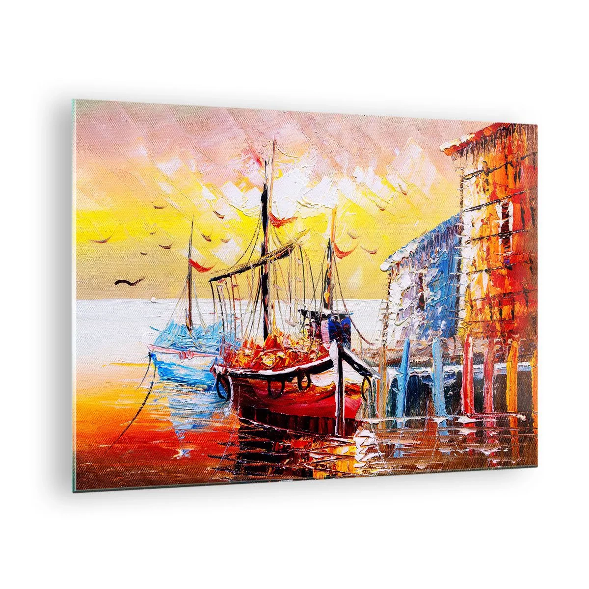 Impression sur verre - Image sur verre - Voiliers colorés au coucher du soleil - 70x50cm - Bon retour - Décoration murale moderne pour le salon et la chambre ARTTOR