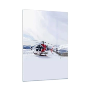 Impression sur verre - Image sur verre - Un hélicoptère rouge dans un paysage de montagne hivernal - 50x70cm - Toujours prêt - Décoration murale moderne pour le salon et la chambre ARTTOR