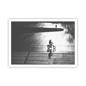 Affiche - Poster - Silhouette noire et blanche d'un cycliste sur une rue mouillée - 100x70cm - Devant moi, à travers la ville - Décoration murale moderne pour le salon et la chambre ARTTOR