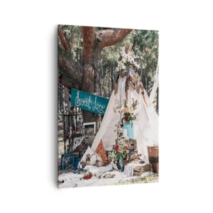 Impression sur toile - Image sur toile - Décoration bohème avec un tipi dans la forêt - 70x100cm - Make love… - Décoration murale moderne pour le salon et la chambre ARTTOR