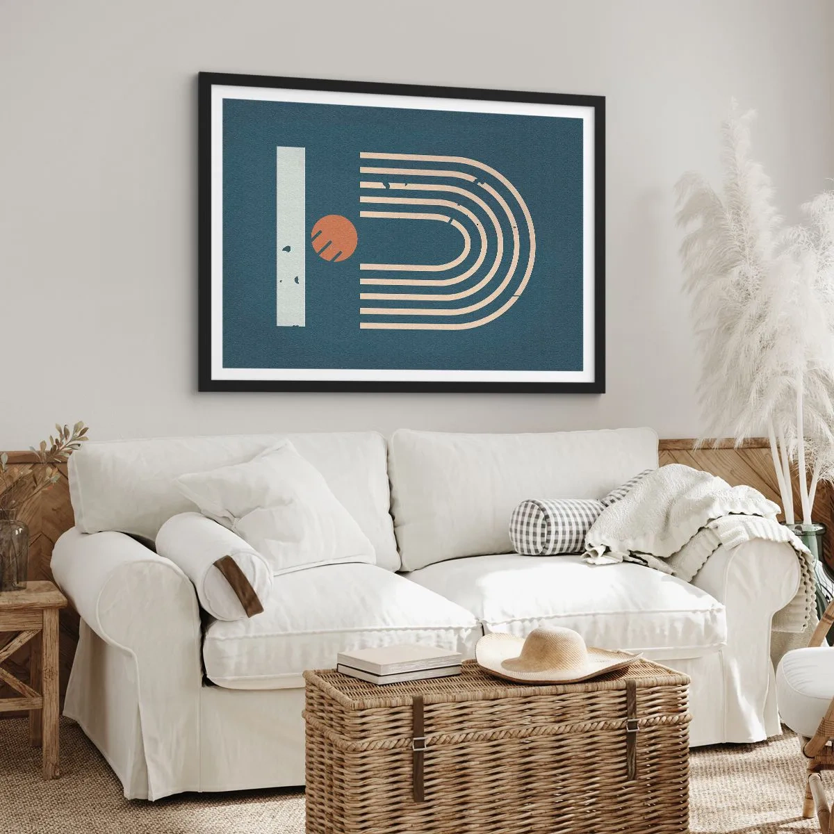 Affiche dans un cadre noir - Poster - Motif géométrique dans les tons bleu marine, beige et orange sur fond sombre - 70x50cm - Géométrie sur la grenade - Décoration murale moderne pour le salon et la chambre ARTTOR