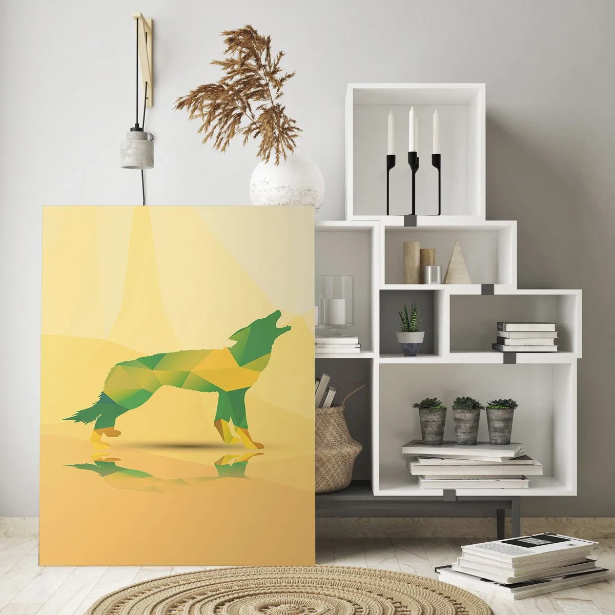 Impression sur verre - Image sur verre - Loup géométrique dans une abstraction colorée - 50x70cm - Loup solitaire - Décoration murale moderne pour le salon et la chambre ARTTOR