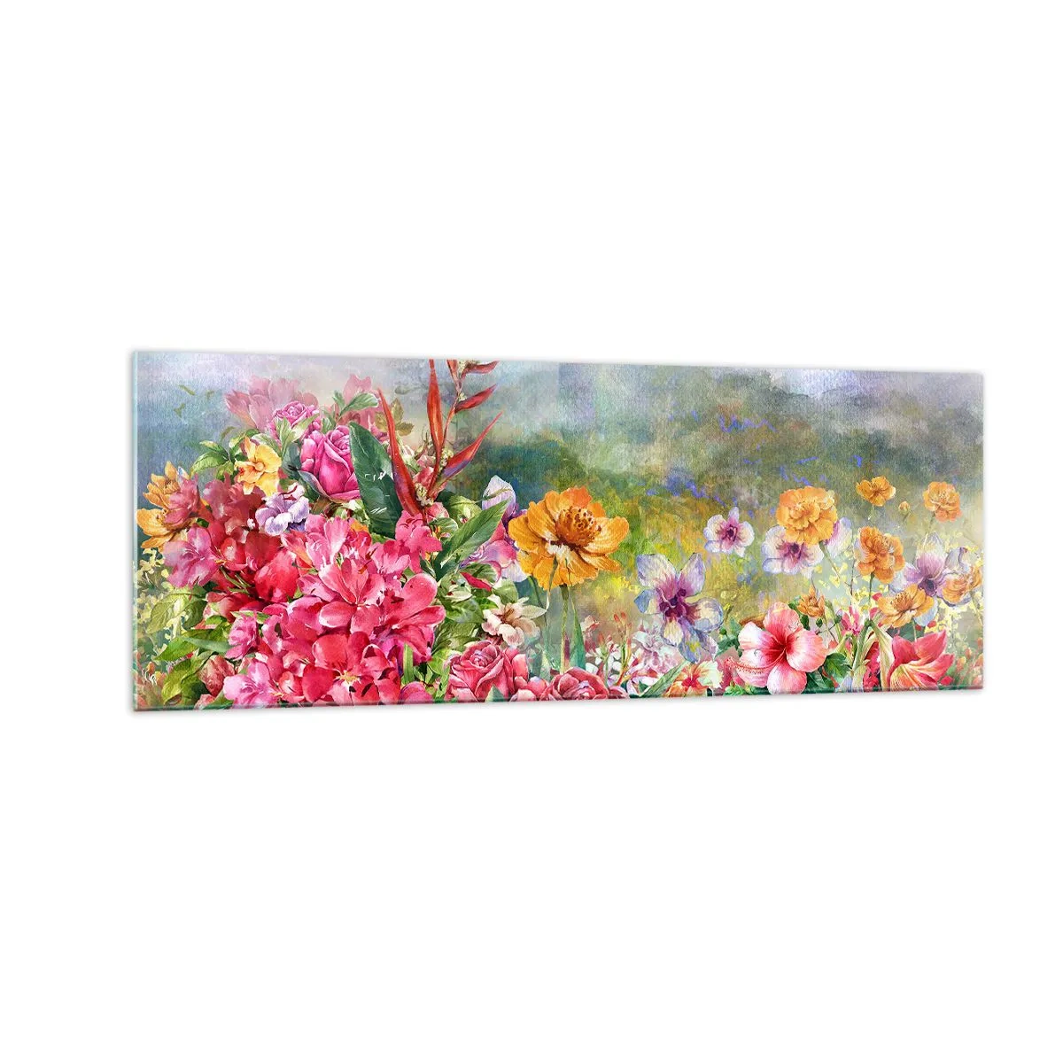 Impression sur verre - Image sur verre - Une composition colorée de fleurs sur un fond de paysage aux couleurs pastel - 140x50cm - Un jardin devenu fou - Décoration murale moderne pour le salon et la chambre ARTTOR