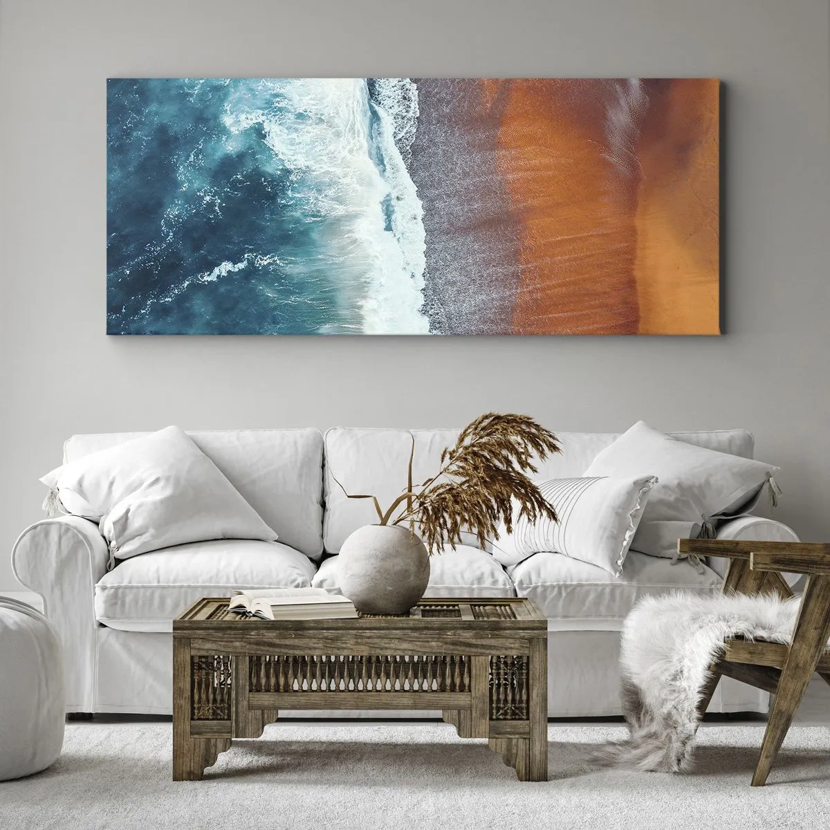 Impression sur toile - Image sur toile - Une vue des vagues de l'océan s'écrasant sur la plage dorée - 160x50cm - Caresse de l'océan - Décoration murale moderne pour le salon et la chambre ARTTOR