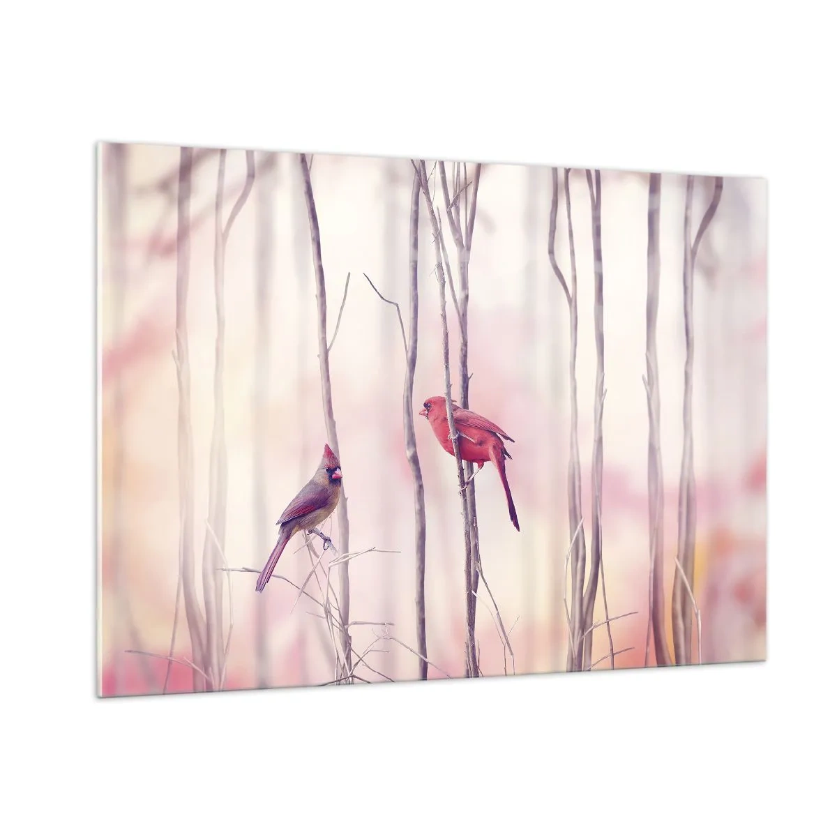 Impression sur verre - Image sur verre - Deux oiseaux parmi des brindilles délicates aux tons pastel - 100x70cm - Conte de la forêt rose - Décoration murale moderne pour le salon et la chambre ARTTOR