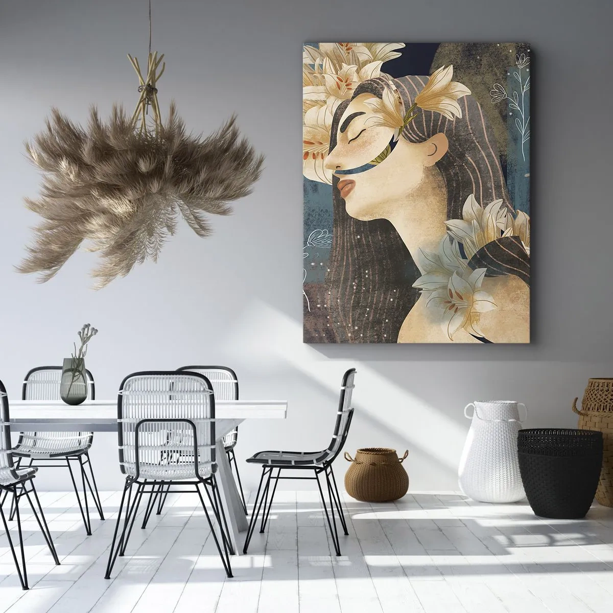 Impression sur toile - Image sur toile - Portrait d'une femme avec des fleurs dans un style artistique sur fond sombre - 50x70cm - Conte de fée sur la princesse lilas - Décoration murale moderne pour le salon et la chambre ARTTOR