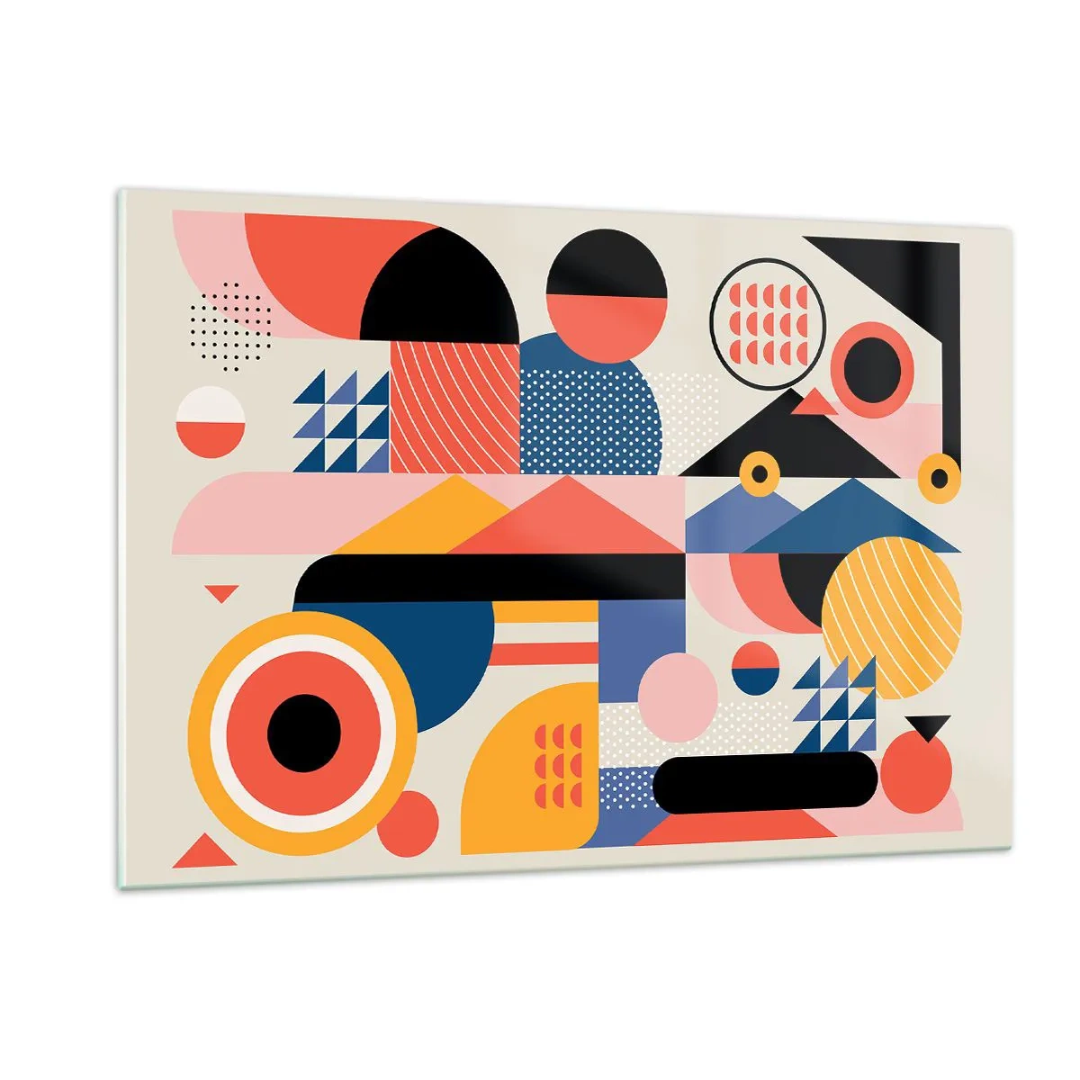 Impression sur verre - Image sur verre - Abstraction géométrique colorée avec des cercles et des triangles - 120x80cm - Composition : jouer - Décoration murale moderne pour le salon et la chambre ARTTOR