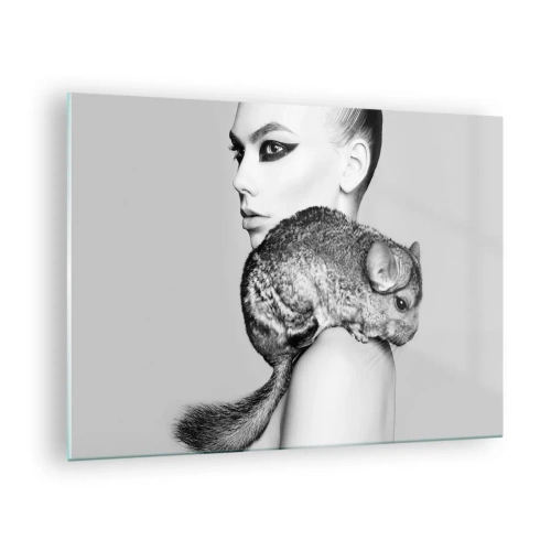Impression sur verre - Image sur verre - Portrait d'une femme avec un chinchilla en noir et blanc - 70x50cm - Dame au chinchilla - Décoration murale moderne pour le salon et la chambre ARTTOR