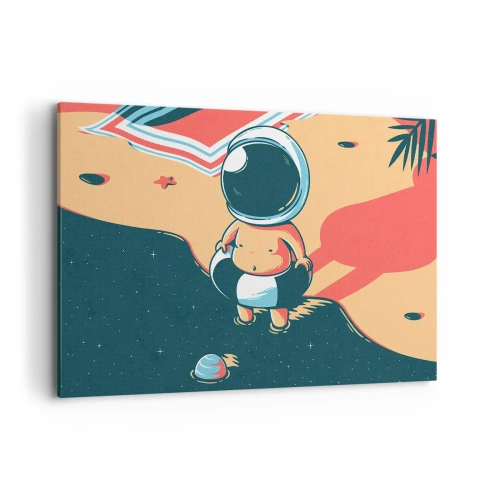 Impression sur toile - Image sur toile - Astronaute drôle sur la plage avec des éléments spatiaux en arrière-plan - 120x80cm - Suivant une autre perspective - Décoration murale moderne pour le salon et la chambre ARTTOR