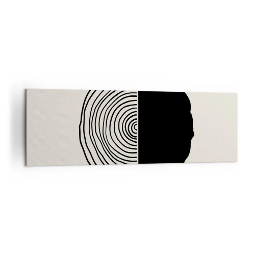 Impression sur toile - Image sur toile - Un motif abstrait en noir et blanc inspiré d'une coupe transversale de bois avec une division géométrique. - 160x50cm - Moitié-moitié - Décoration murale moderne pour le salon et la chambre ARTTOR