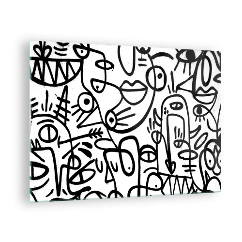 Impression sur verre - Image sur verre - Abstraction en noir et blanc avec des yeux, des visages et des lignes - 70x50cm - Visages et mirages - Décoration murale moderne pour le salon et la chambre ARTTOR