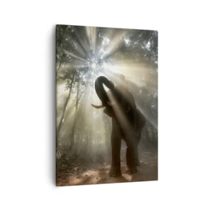 Impression sur toile - Image sur toile - Un éléphant dans la forêt entouré de rayons de lumière dans la brume matinale - 50x70cm - Sous la bonne étoile - Décoration murale moderne pour le salon et la chambre ARTTOR