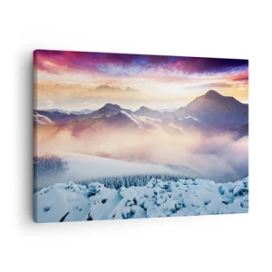 Impression sur toile - Image sur toile - Montagnes enneigées à l'aube avec un ciel coloré - 70x50cm - La force et la pureté de la nature - Décoration murale moderne pour le salon et la chambre ARTTOR