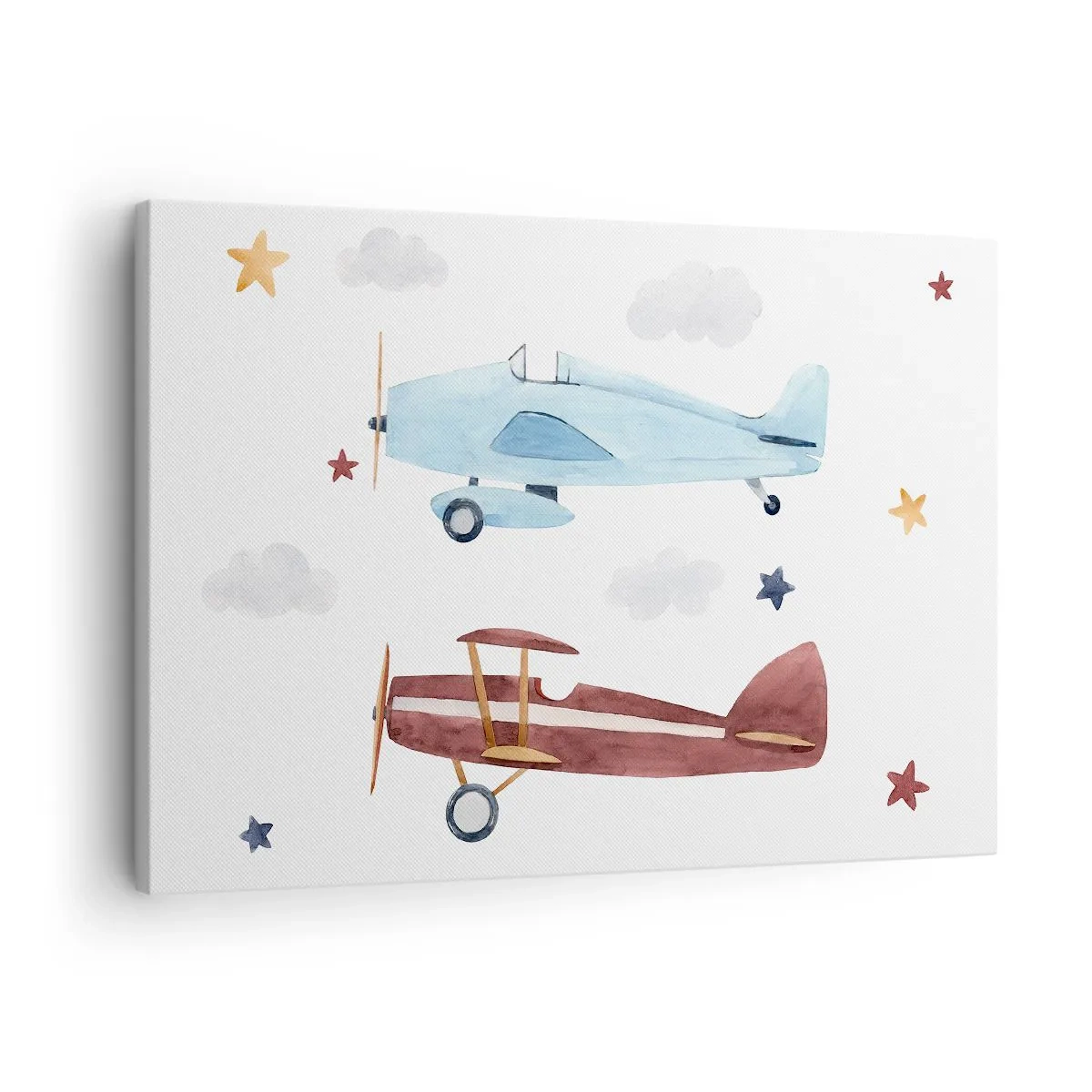 Impression sur toile - Image sur toile - Avions peints à la main sur fond de nuages et d'étoiles - 70x50cm - Monsieur le pilote, nous vous attendons ! - Décoration murale moderne pour le salon et la chambre ARTTOR