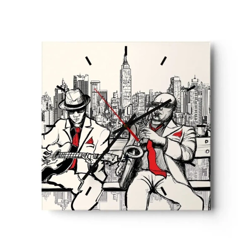 Horloge murale - Pendule murale - Un duo de jazz avec saxophone et guitare sur fond de ville - 30x30cm - improvisation new-yorkaise - Décoration murale moderne pour le salon et la chambre ARTTOR