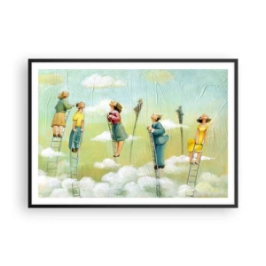 Affiche dans un cadre noir - Poster - Personnages grimpant sur des échelles parmi des nuages sur un fond pastel. - 100x70cm - Derrière ton rêve - Décoration murale moderne pour le salon et la chambre ARTTOR