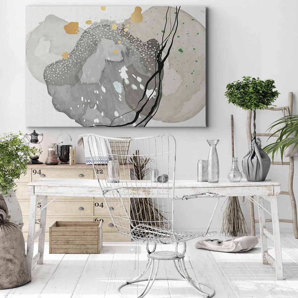 Impression sur toile - Image sur toile - Formes organiques dans des tons de gris avec des accents de noir et d'or - 70x50cm - Composition organique - Décoration murale moderne pour le salon et la chambre ARTTOR