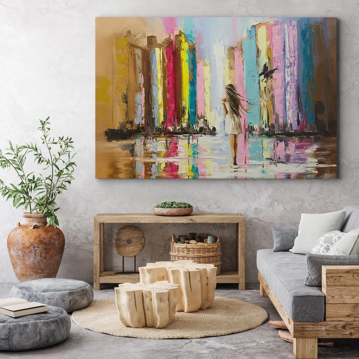 Impression sur toile - Image sur toile - Une ville colorée et une femme en robe blanche avec un oiseau - 120x80cm - Viens avec moi - Décoration murale moderne pour le salon et la chambre ARTTOR