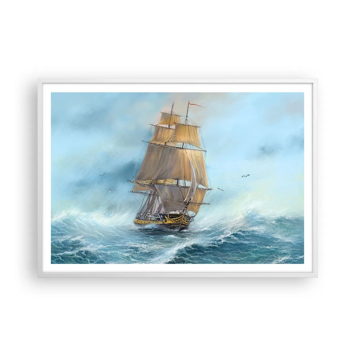 Affiche dans un cadre blanc - Poster - Se précipitant sur les vagues - 100x70 cm