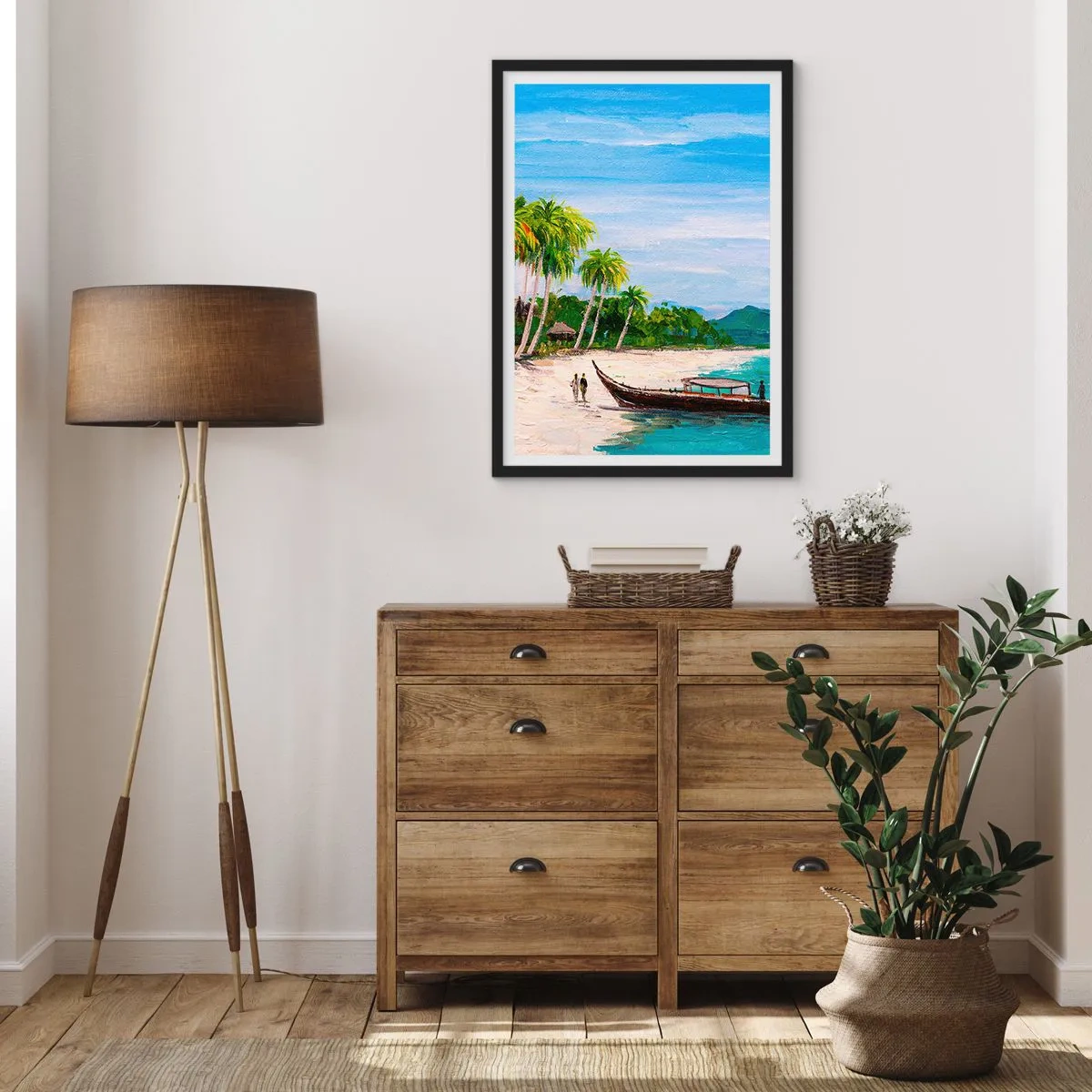 Affiche dans un cadre noir - Poster - Plage tropicale avec palmiers et un bateau sur le rivage - 50x70cm - Rêve exotique - Décoration murale moderne pour le salon et la chambre ARTTOR