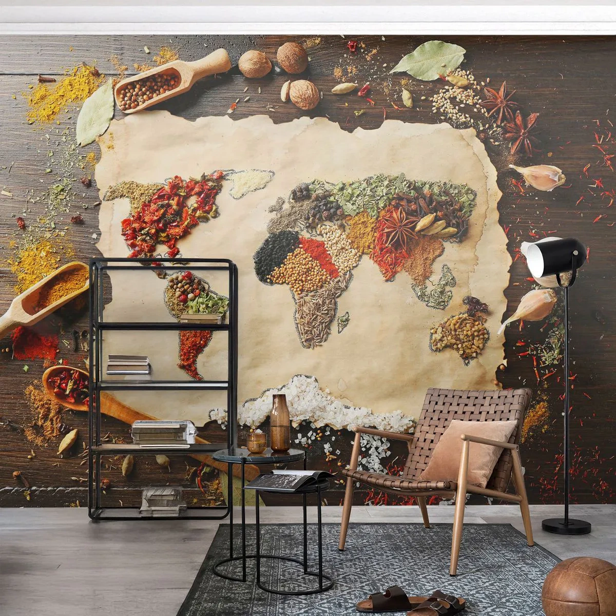 Papier Peint Photo Premium Canvas - Toutes les saveurs du monde - La gastronomie, Carte du monde, Épices séchées - 250x175 cm