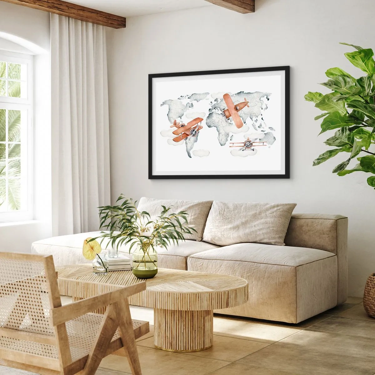 Affiche dans un cadre noir - Poster - Illustration d'une carte du monde avec des avions - 70x50cm - Dans un esprit pionnier - Décoration murale moderne pour le salon et la chambre ARTTOR