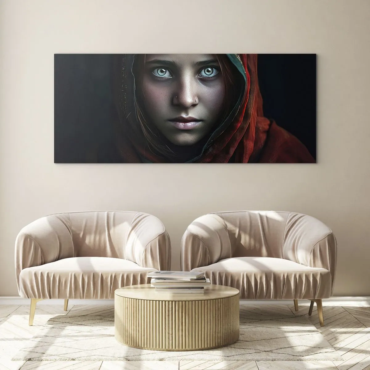 Impression sur verre - Image sur verre - Portrait d'une femme au regard intense aux couleurs chaudes - 160x50cm - Princesse orientale - Décoration murale moderne pour le salon et la chambre ARTTOR