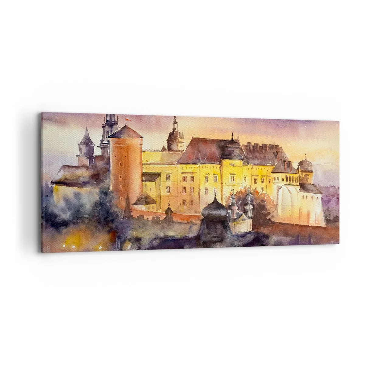 Impression sur toile - Image sur toile - Une aquarelle pittoresque d'un château au coucher du soleil - 120x50cm - Histoire et conte de fées - Décoration murale moderne pour le salon et la chambre ARTTOR