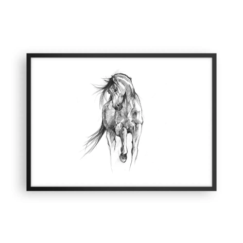 Affiche dans un cadre noir - Poster - Croquis en noir et blanc d'un cheval au galop - 70x50cm - D'un trot gracieux - Décoration murale moderne pour le salon et la chambre ARTTOR