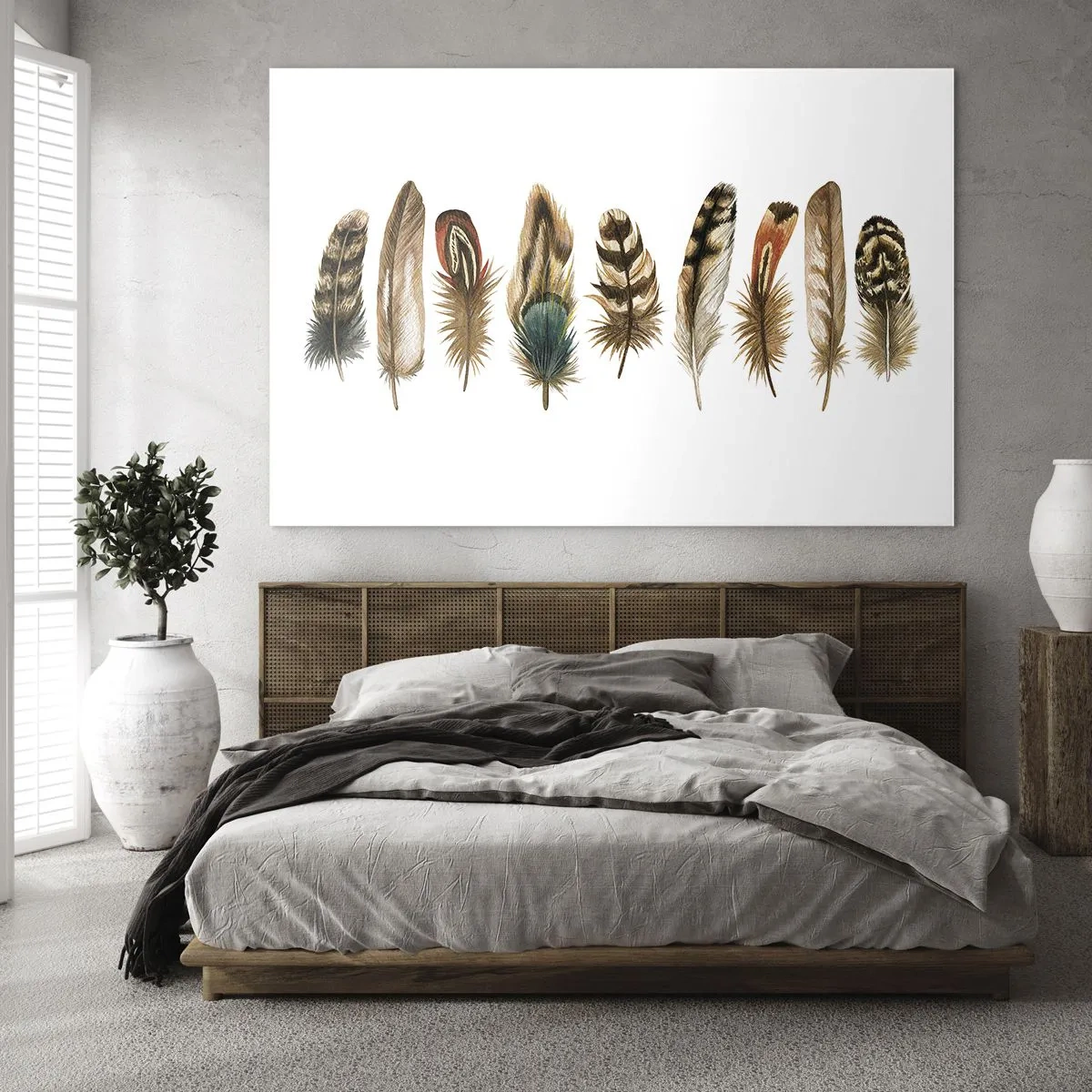 Impression sur verre - Image sur verre - Une composition de plumes colorées sur fond blanc - 100x70cm - Variation à plumes - Décoration murale moderne pour le salon et la chambre ARTTOR