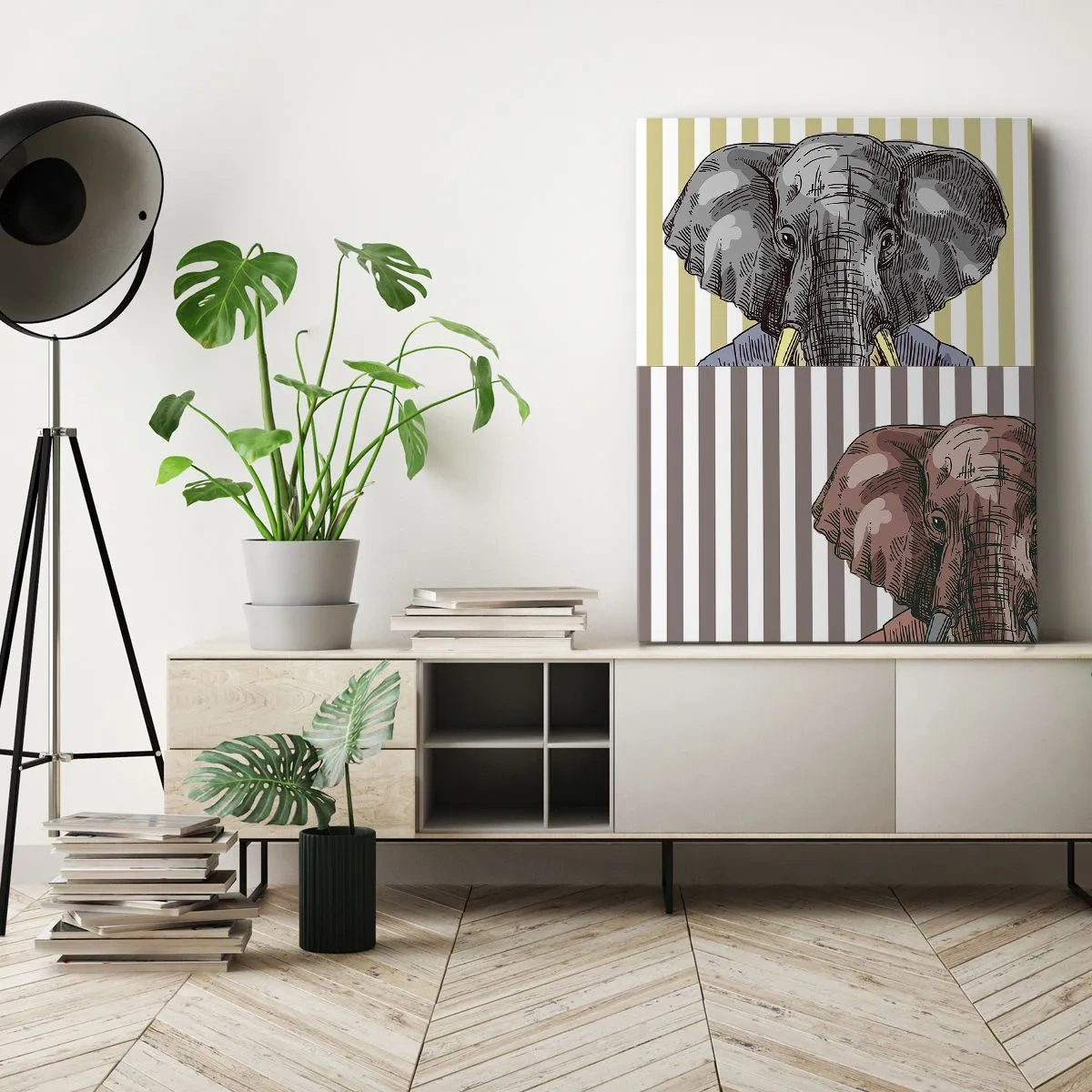 Impression sur toile - Image sur toile - Un éléphant en costume sur fond de rayures beiges - 50x70cm - Élégant par nature - Décoration murale moderne pour le salon et la chambre ARTTOR