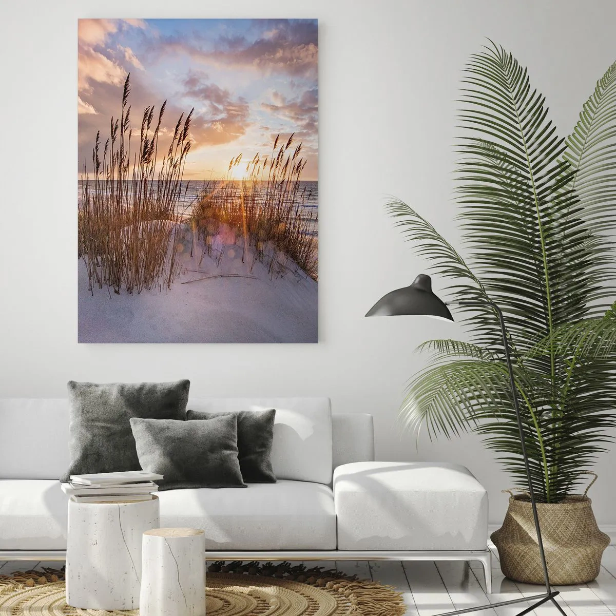 Impression sur verre - Image sur verre - Coucher de soleil sur la mer vu à travers les herbes du bord de mer - 50x70cm - Salutations du soleil et du vent - Décoration murale moderne pour le salon et la chambre ARTTOR