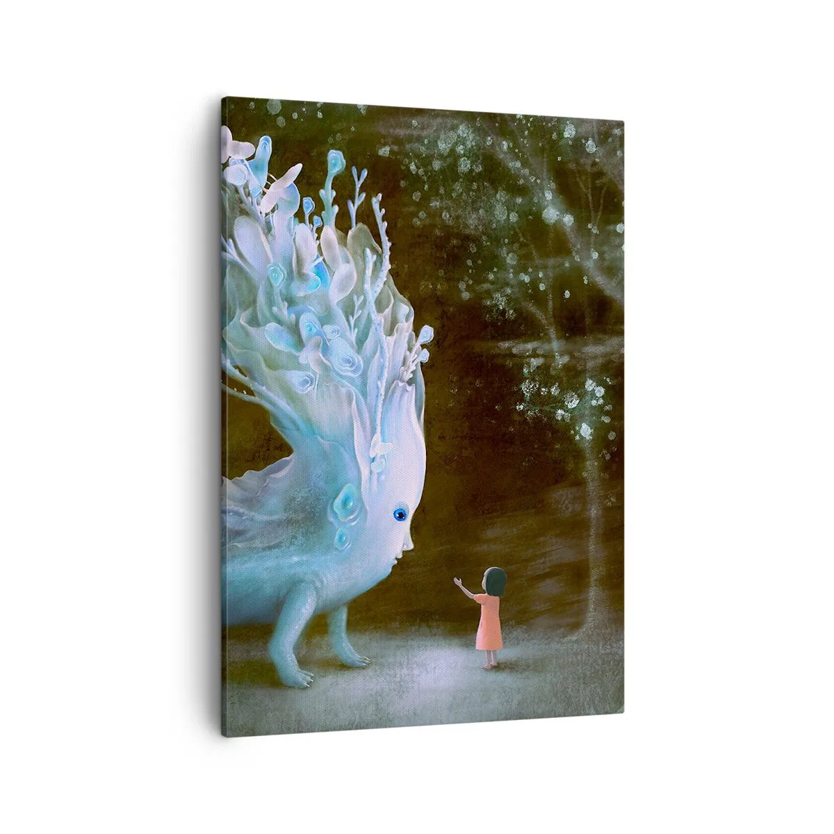 Impression sur toile - Image sur toile - La figure d'une fille face à une créature fantastique - 50x70cm - Une rencontre fantastique - Décoration murale moderne pour le salon et la chambre ARTTOR