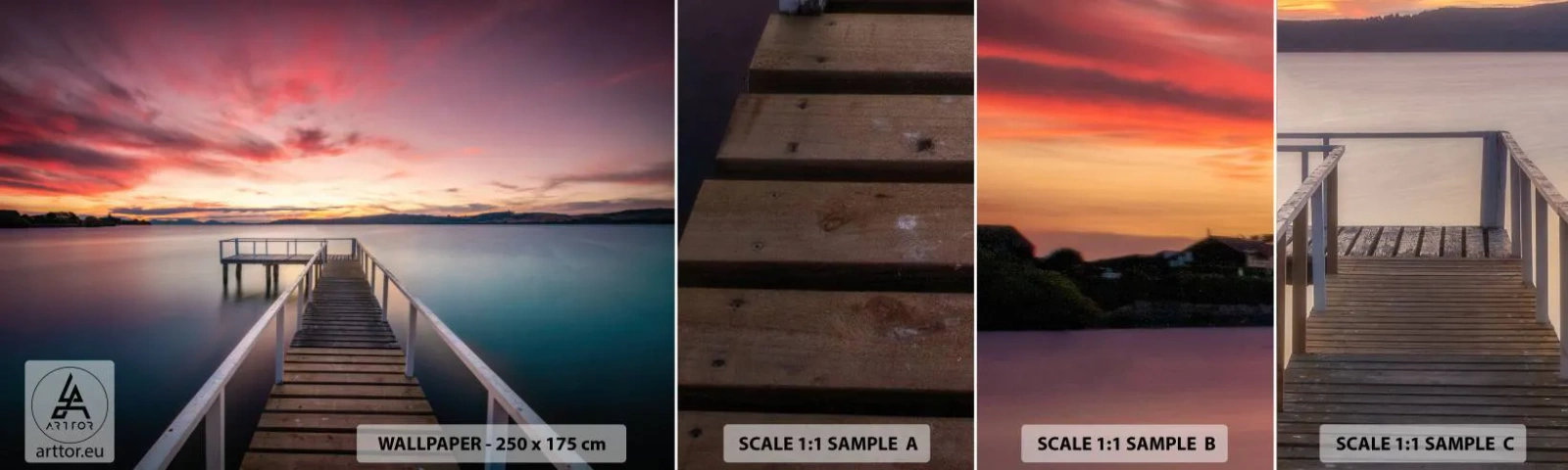 Échantillon De Papier Peint Standard Eco - La douce flamme du soir - Paysage, Coucher de soleil, Jetée en bois - 100x30 cm