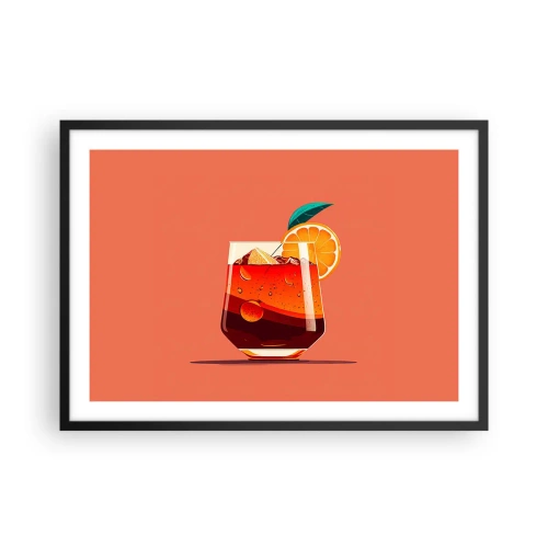 Affiche dans un cadre noir - Poster - Un verre de boisson et une tranche d'orange sur un fond orange - 70x50cm - Rafraîchissement d'été - Décoration murale moderne pour le salon et la chambre ARTTOR