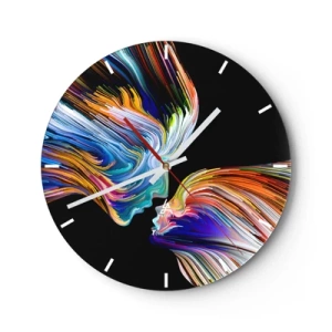 Horloge murale - Pendule murale - Deux visages aux lignes colorées et tourbillonnantes sur fond noir. - 30x30cm - Une fusion d'énergie et de lumière - Décoration murale moderne pour le salon, la cuisine et la chambre ARTTOR