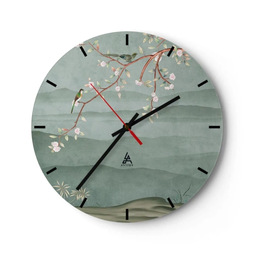 Horloge murale - Pendule murale - Une branche avec des fleurs et des oiseaux sur un fond de collines verdoyantes - 30x30cm - Printemps oh c'est toi - Décoration murale moderne pour le salon, la cuisine et la chambre ARTTOR