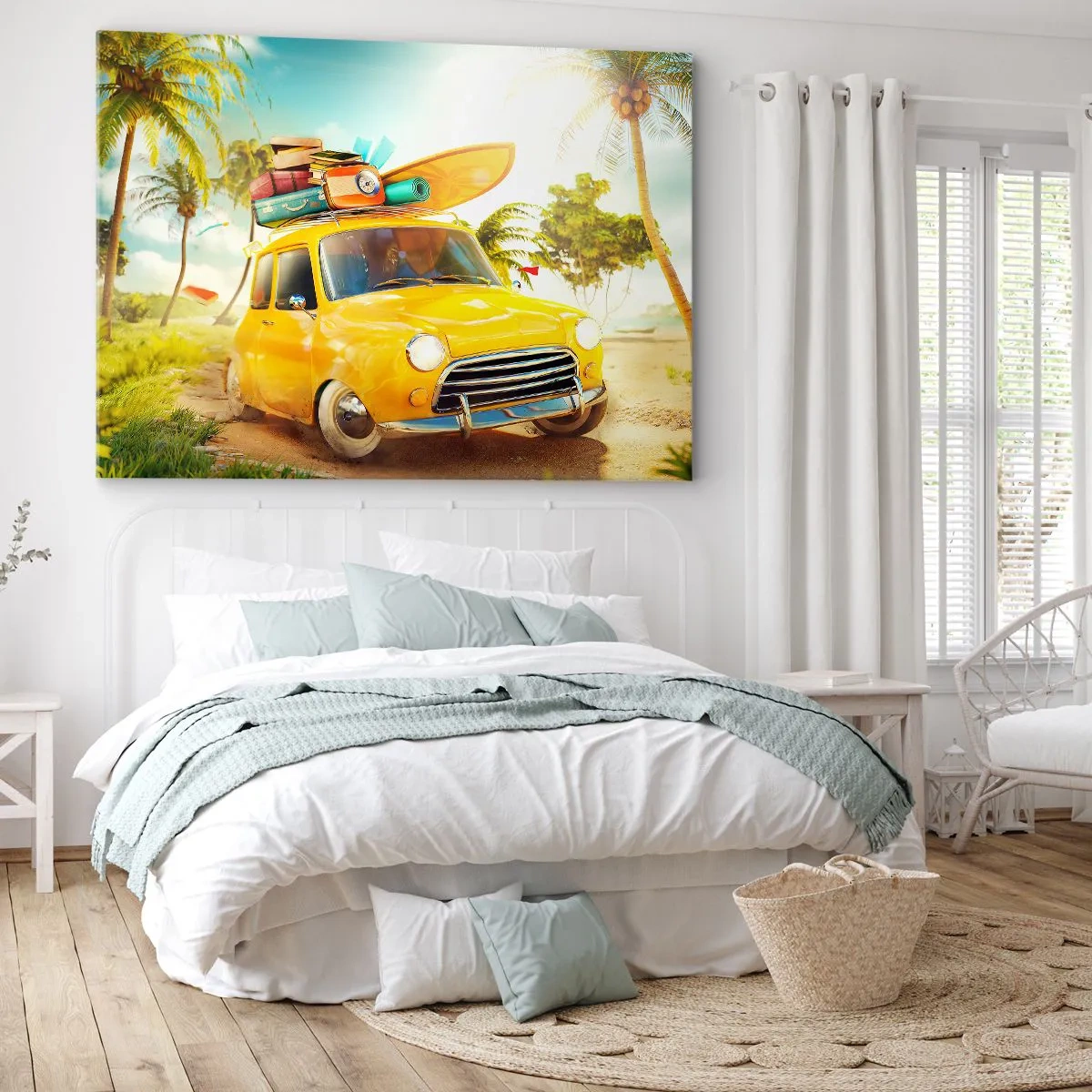 Impression sur toile - Image sur toile - Une voiture jaune avec des bagages dans un paysage tropical - 70x50cm - Un voyage pour plus d'un sourire - Décoration murale moderne pour le salon et la chambre ARTTOR
