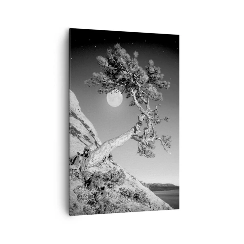 Impression sur toile - Image sur toile - Arbre noir et blanc sur une falaise avec la lune en arrière-plan - 80x120cm - Un combattant vainqueur - Décoration murale moderne pour le salon et la chambre ARTTOR