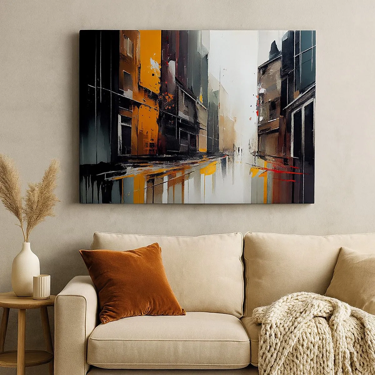 Impression sur toile - Image sur toile - Vue abstraite d'une rue de la ville sous la pluie - 70x50cm - Jour de pluie - Décoration murale moderne pour le salon et la chambre ARTTOR