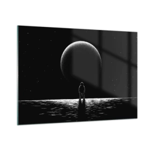 Impression sur verre - Image sur verre - Astronaute debout devant une planète en noir et blanc - 100x70cm - Face à face - Décoration murale moderne pour le salon et la chambre ARTTOR
