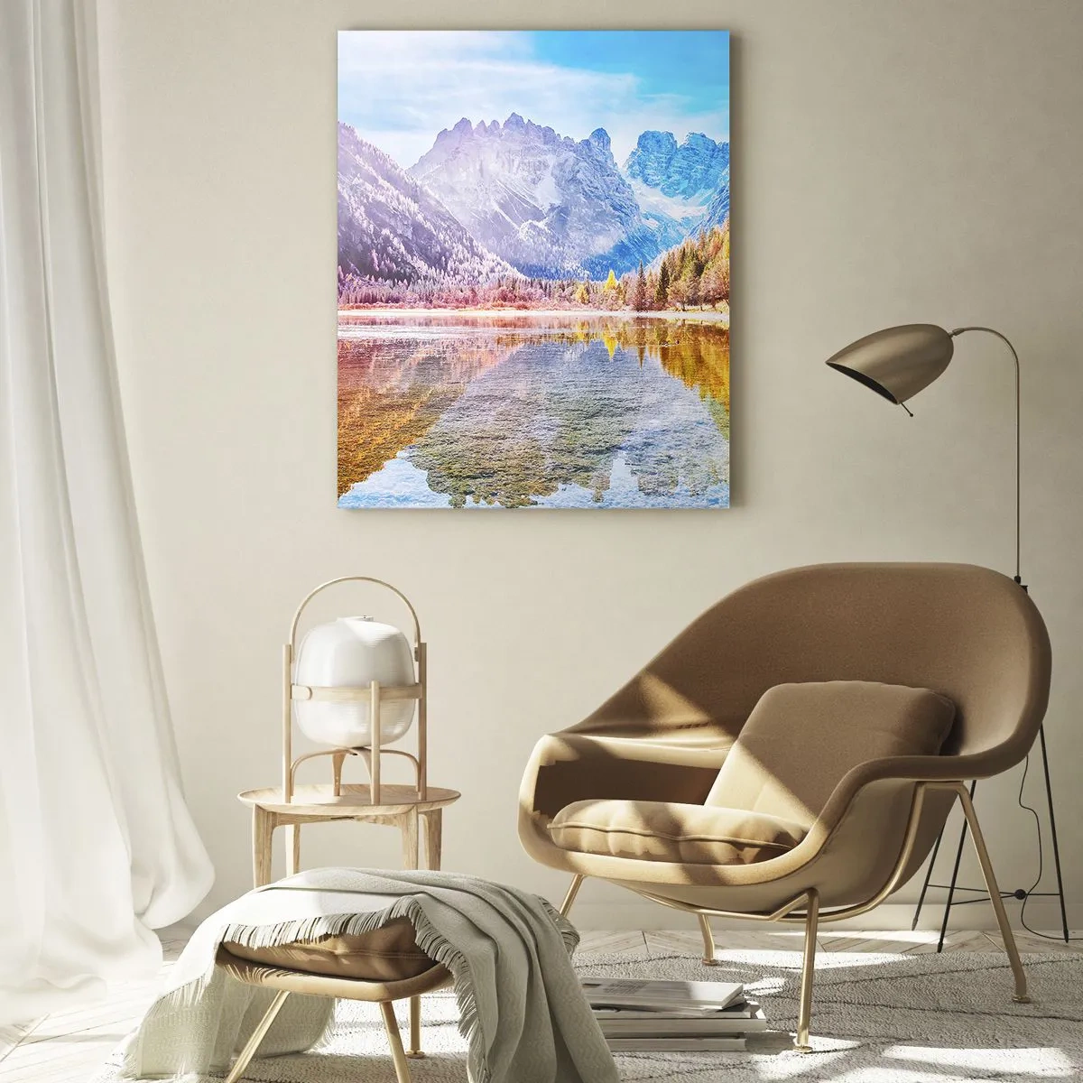 Impression sur verre - Image sur verre - Les montagnes d'automne se reflètent dans le lac, entourées d'arbres colorés - 50x70cm - C'est déjà le printemps à la montagne - Décoration murale moderne pour le salon et la chambre ARTTOR