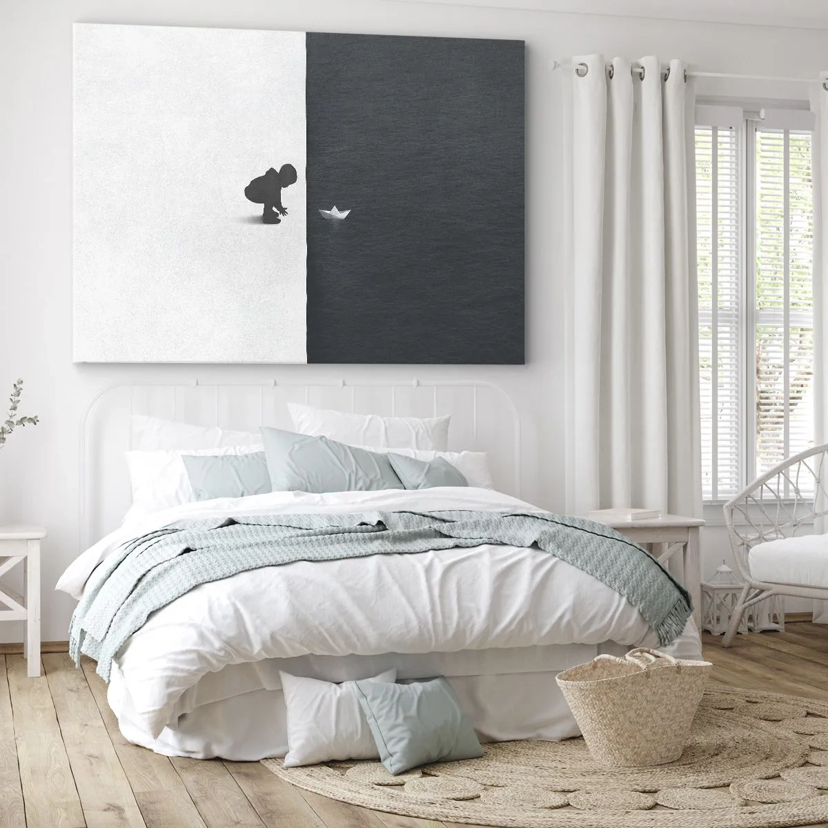 Impression sur toile - Image sur toile - Une figure d'enfant avec un bateau en papier sur un fond de moitiés contrastées - 70x50cm - Grande expédition - Décoration murale moderne pour le salon et la chambre ARTTOR