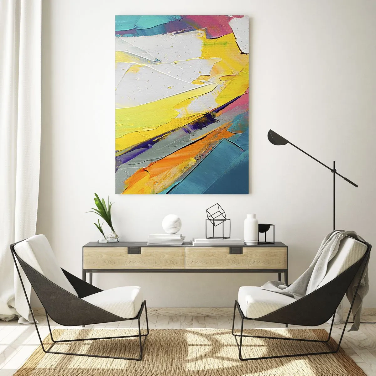 Impression sur verre - Image sur verre - Coups de pinceau abstraits en jaune, bleu et blanc - 50x70cm - Anatomie du monde - Décoration murale moderne pour le salon et la chambre ARTTOR