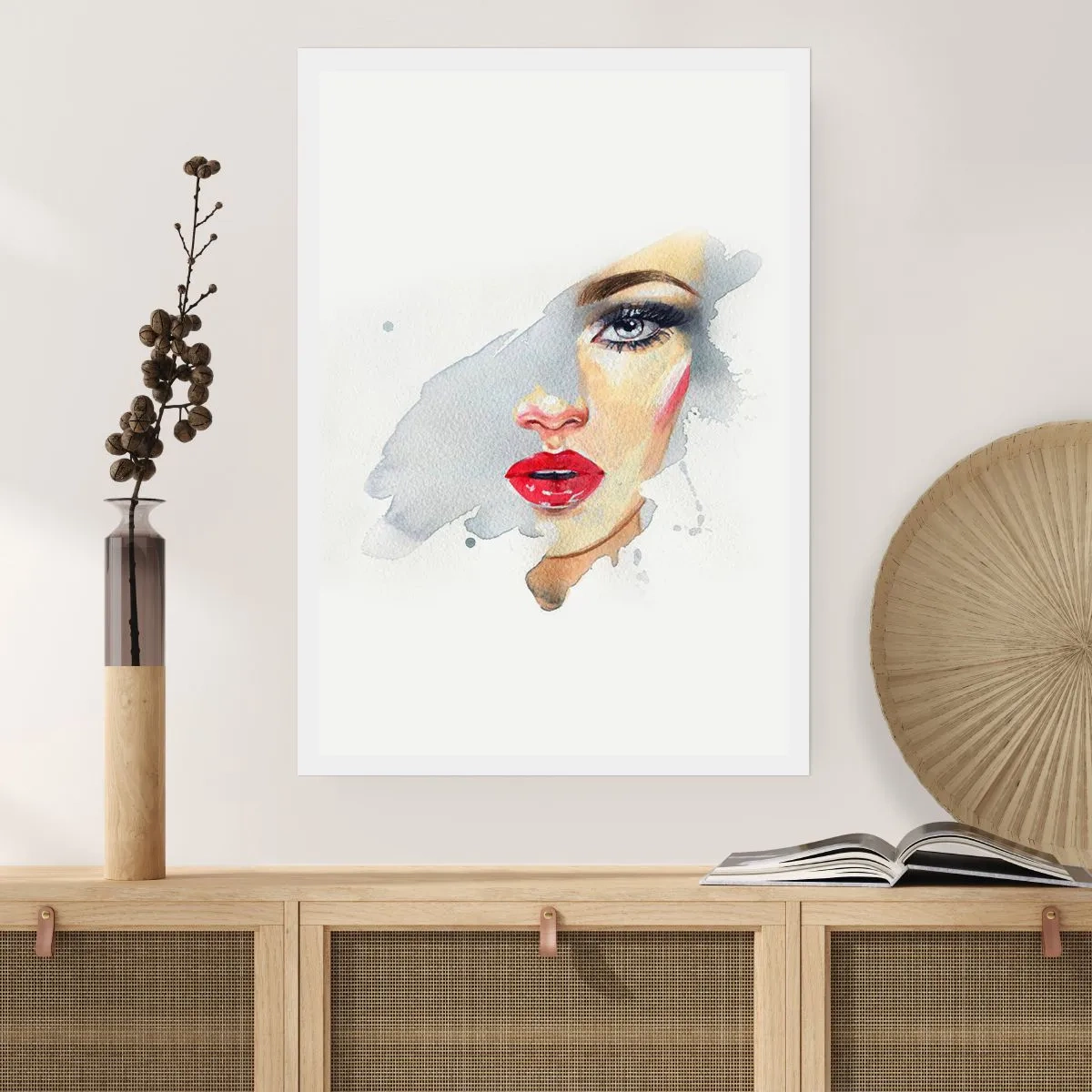 Affiche - Poster - Portrait à l'aquarelle d'une femme aux lèvres rouges - 50x70cm - Reflet dans une goutte d'eau - Décoration murale moderne pour le salon et la chambre ARTTOR