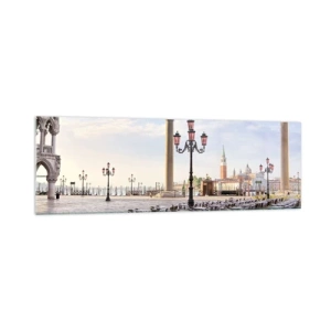 Impression sur verre - Image sur verre - Venise, vue de la place avec des colonnes et des tables de café - 160x50cm - Nous vous invitons, tout est prêt - Décoration murale moderne pour le salon et la chambre ARTTOR