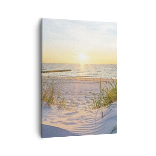 Impression sur toile - Image sur toile - Une plage de sable avec vue sur le coucher de soleil sur la mer - 50x70cm - Le bruit de la mer, le chant des oiseaux, une plage sauvage parmi les herbes… - Décoration murale moderne pour le salon et la chambre ARTT